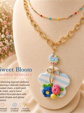 Gold Layered Necklace with Pastel Blue Floral Pendant